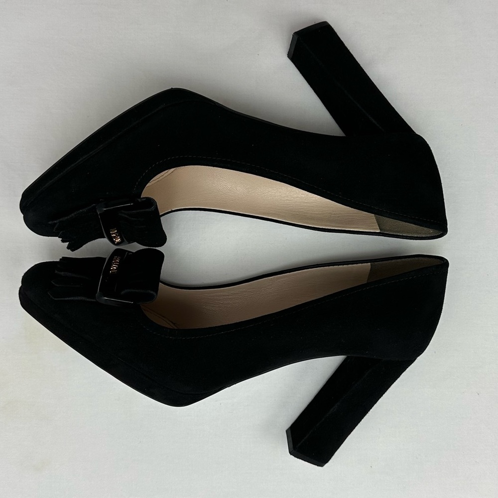 Prada Logo Black Suede Square Toe Block Heels Pumps size 38.5 - Picture 5 of 9